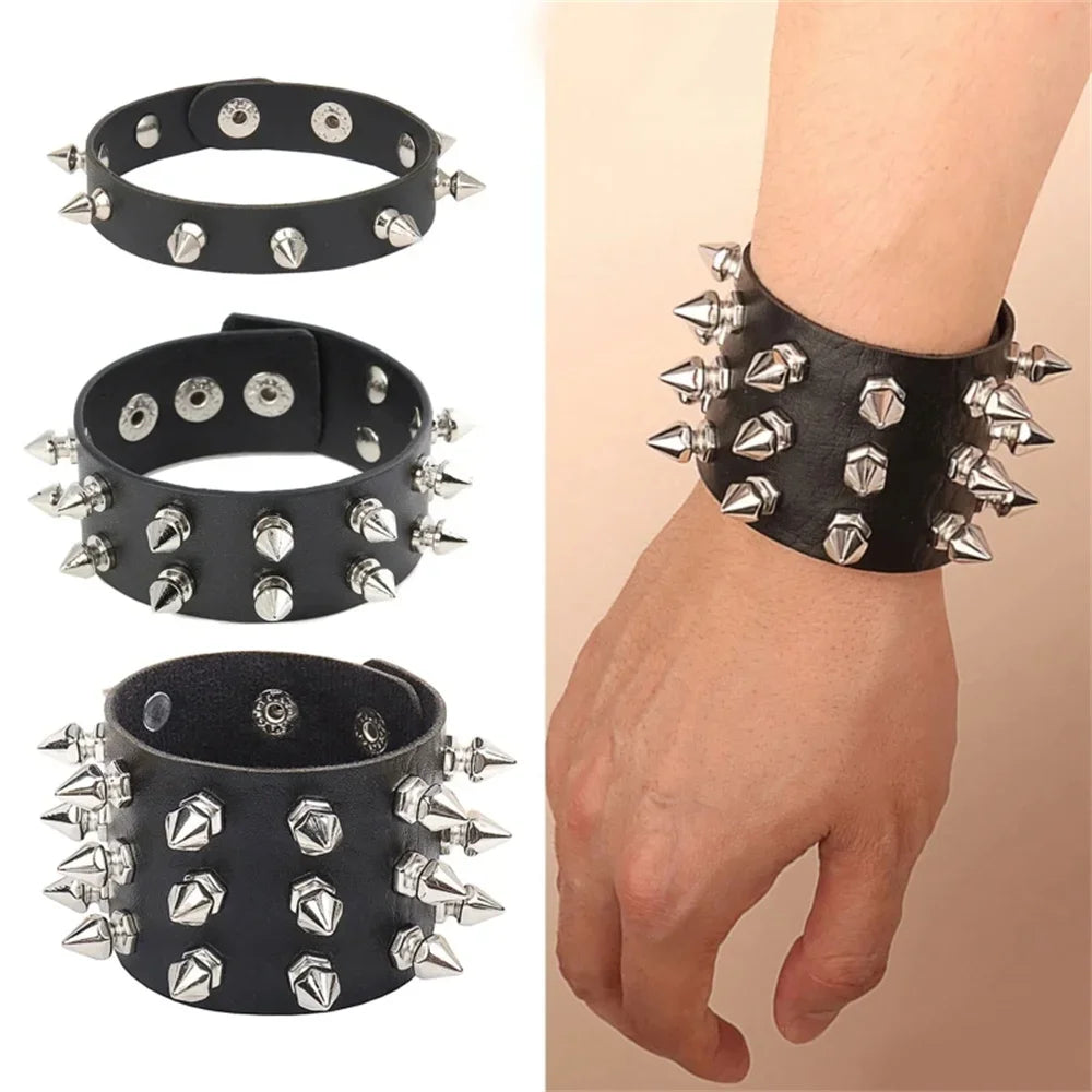 PU Leder Armband Nieten Punk Spike Nieten Manschette Schwarz Armband Armreif für Rock-Themen-Veranstaltungen