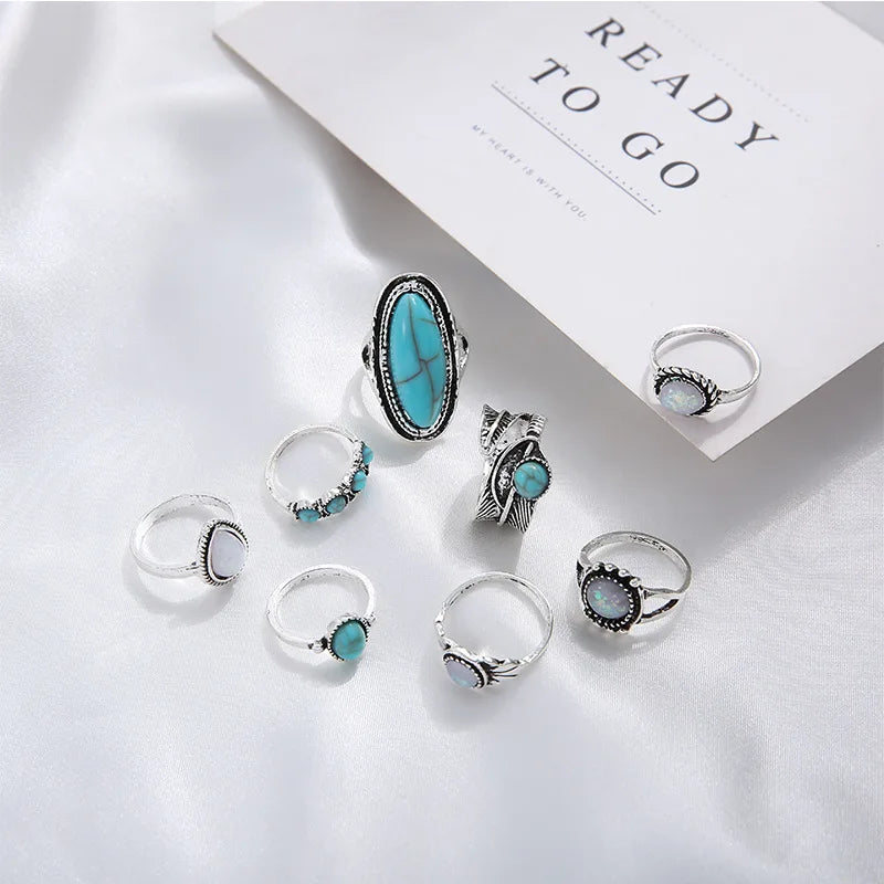 8 Stücke/Set Ringe Set Mode Lässig Retro Set Mit Türkis Geschnitztem Federring Set Hochwertiger Schmuck
