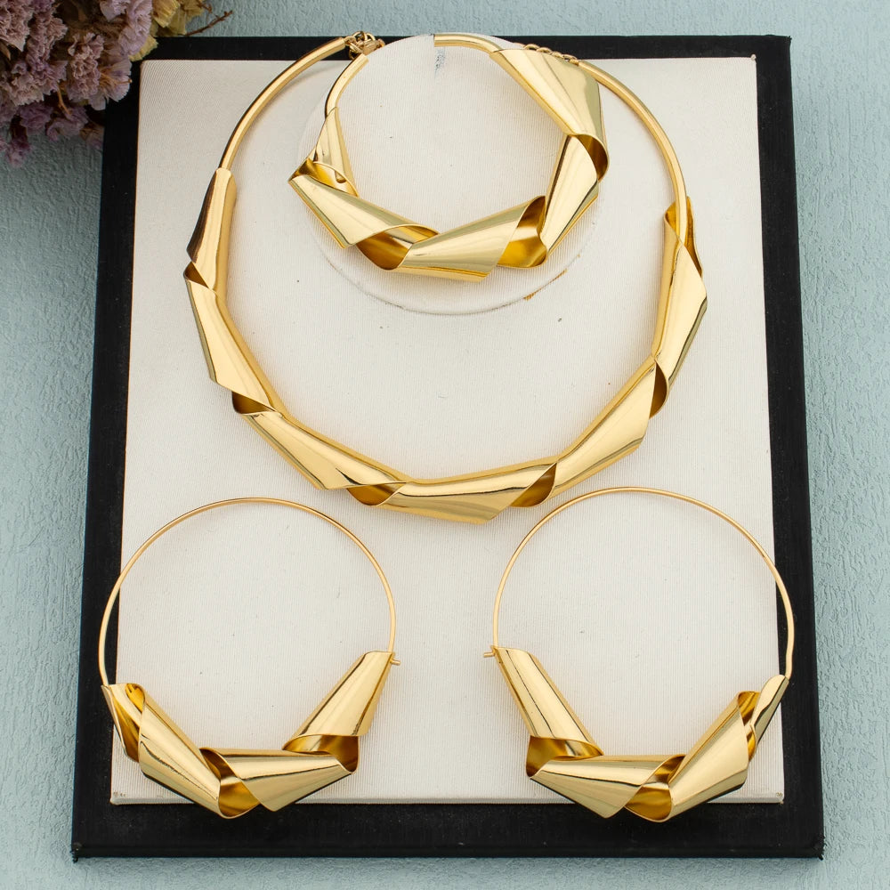 Luxus Vergoldet Dubai Schmuckset Für Damen Afrikanisches Kupfer Dreh Bold Design Ohrringe Halskette Armband Qualitäts Schmuck Geschenk