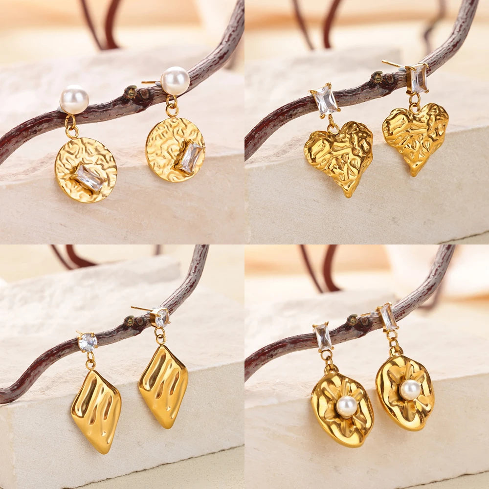 Pendientes de aro de corazón vintage chapados en oro para mujer, de acero inoxidable, geométricos, perforados, joyería de lujo con circonitas, regalo de boda