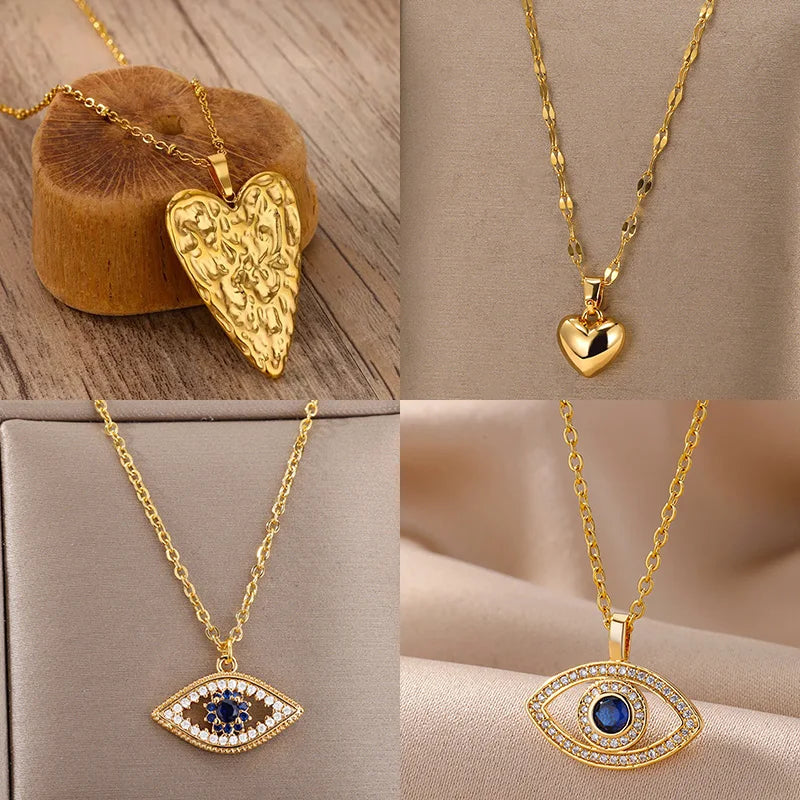 Collares Plisados de Acero Inoxidable con Colgante de Corazón de Moda para Mujer, Collar con Colgante Estético de Color Dorado de Moda, Joyería Accesorio
