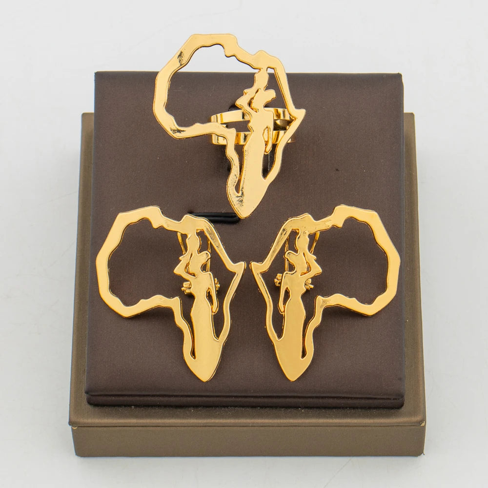 Conjunto de joyas de aretes y anillo de color dorado para fiesta, diseño africano, aretes de clip, anillo de dedo, conjunto de 2 piezas para regalos de fiesta de compromiso