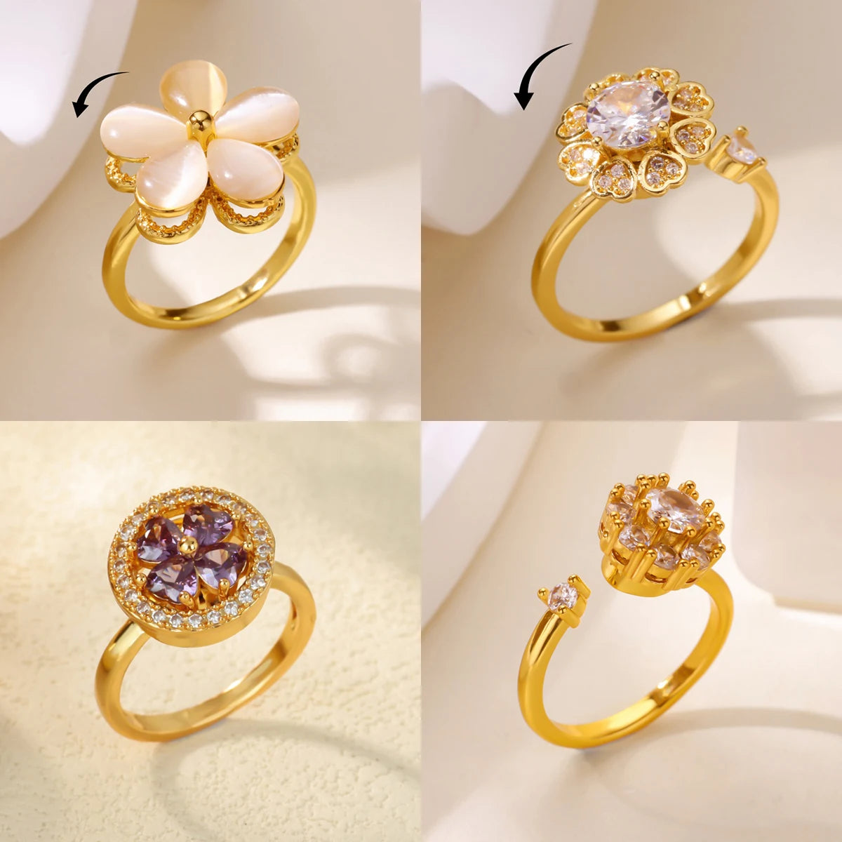 Luxus Zirkon Drehbarer Blumen-Herz-Ring für Frauen Edelstahl Goldfarben Offener Ring 2025 Neue Mode Hochzeits-Paarschmuck