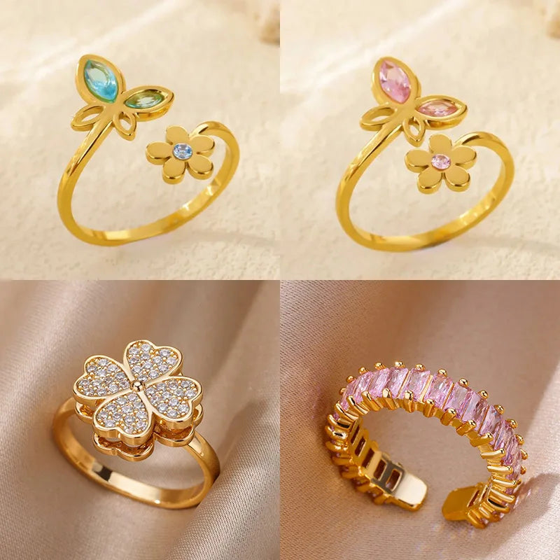 Elegante Zirkonia Blumen Schmetterling Ringe für Damen Goldfarben Edelstahl Blume Verstellbarer Ring Hochzeit Weihnachts Schmuck Geschenk