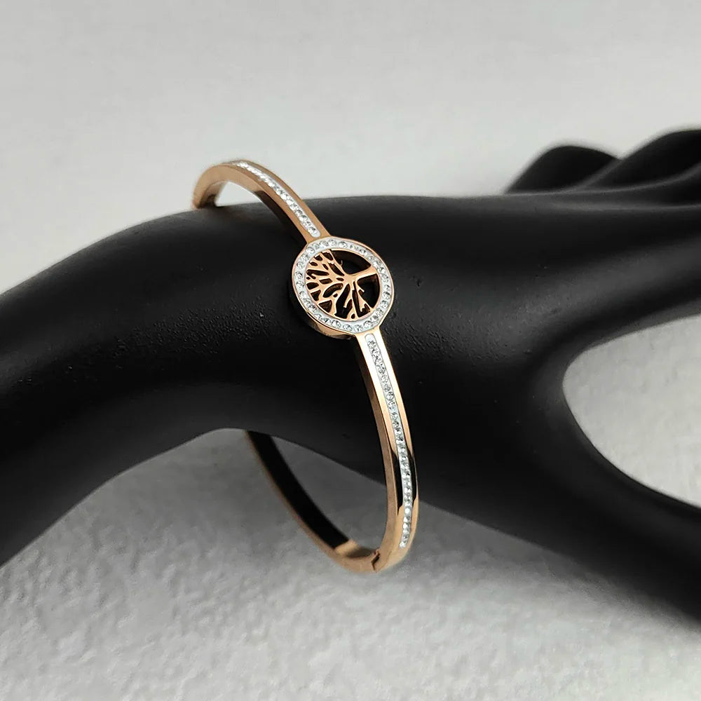 Luxus-Edelstahl-Lebensbaum-Armreif für Frauen und Männer, Kristall-Zirkon-Armband, Silber-Gold-Farbe, Handgelenkschmuck-Accessoires