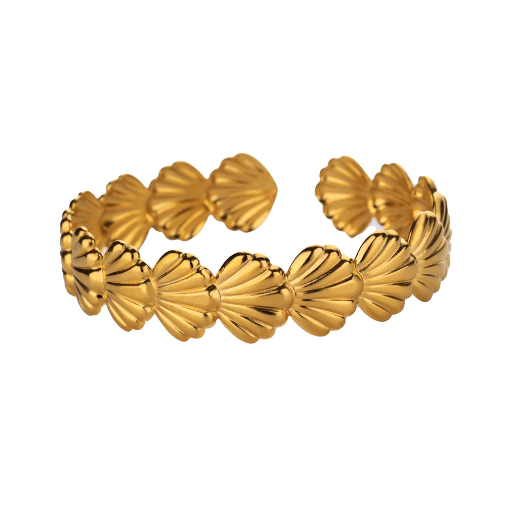 Muschelmanschetten-Armreifen für Frauen, goldfarbene Edelstahl-Öffnungsarmbänder, luxuriöse Marken, Sommerstrand-Handgelenkschmuckgeschenk