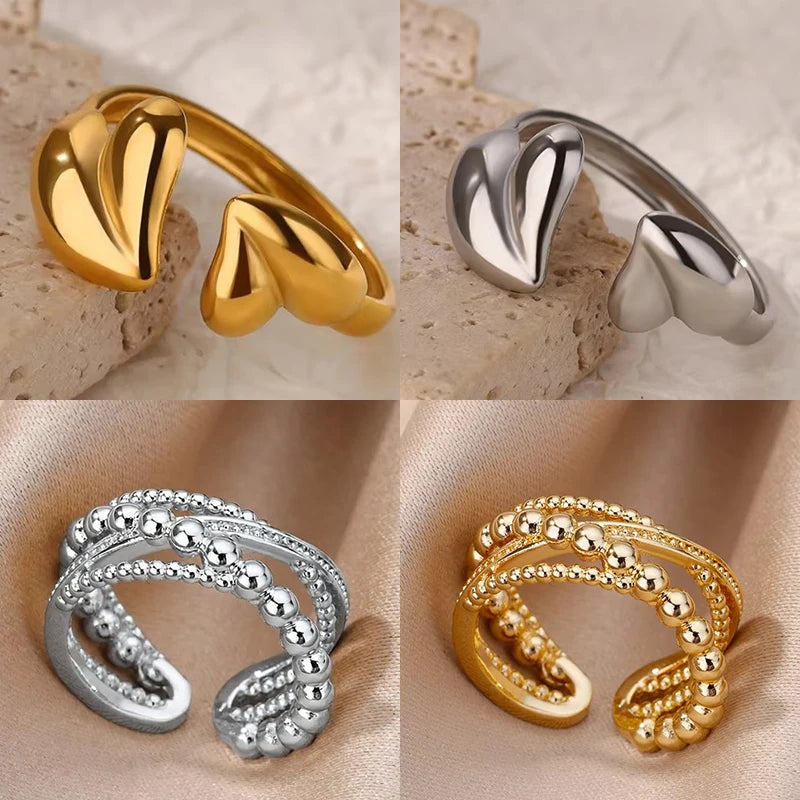 Unregelmäßiges Herz-Design Edelstahl Offene Ringe für Frauen Goldfarben Hochzeit Ästhetischer Ring Schmuck Accessoires Weihnachtsgeschenk