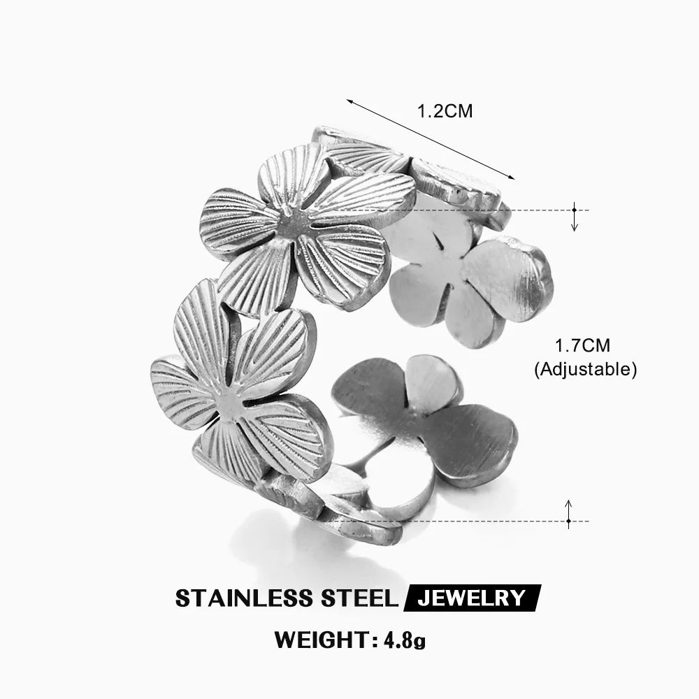Stainless Steel Flower Adjustable Opening Rings 18k Gold PVD Plated Waterproof Finger Jewelry For Women Wedding Exquisite Gifts