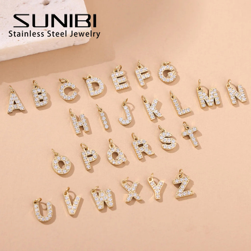 SUNIBI Stainless Steel DIY 26 Initial Pendant for Women Zircon Alphabet Charm Jewelry Making Anniversary Gift Customizable Name