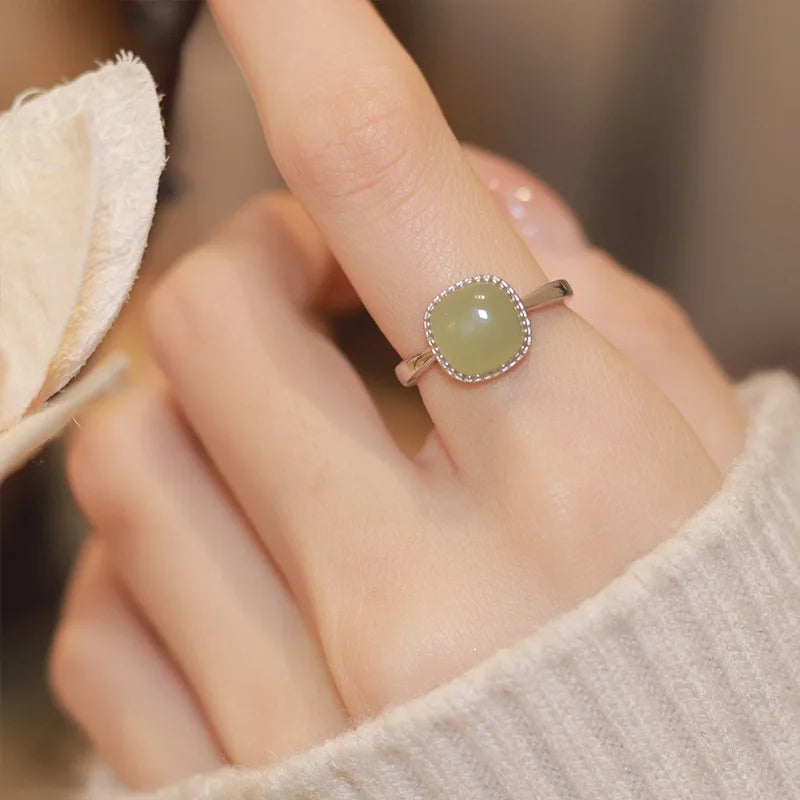 925 Sterling Silber vergoldeter Flüssiger Lava Hetian Jade Bambus Ring für Frauen Mädchen Geschenk Unregelmäßiger Vintage Schmuck Dropshipping