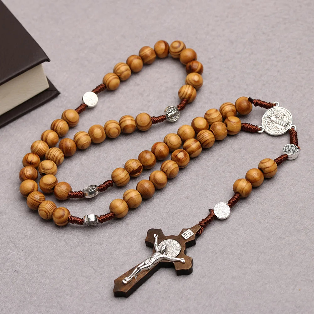 Rosario de cuentas de madera de 10 MM, collar con cruz, para mujeres y hombres, con Virgen María e INRI, cadena con colgante, joyería religiosa de moda