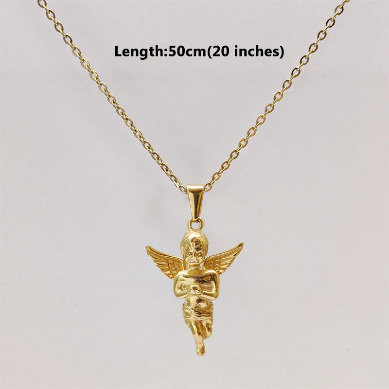 Collar con dije de ángel de Cupido religioso de acero inoxidable, bañado en oro de 18 quilates, con dije de ángel sólido en 3D, para hombre