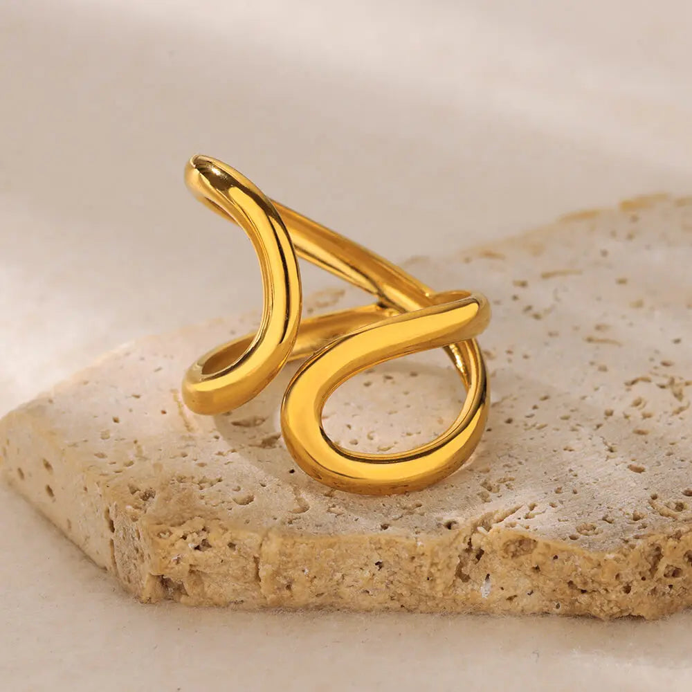 Goldfarbene Edelstahl Geometrische Ringe für Frauen Zirkon Herz Sonne Mond Offener Ring Mode Ästhetischer Schmuck Hochzeitsgeschenk