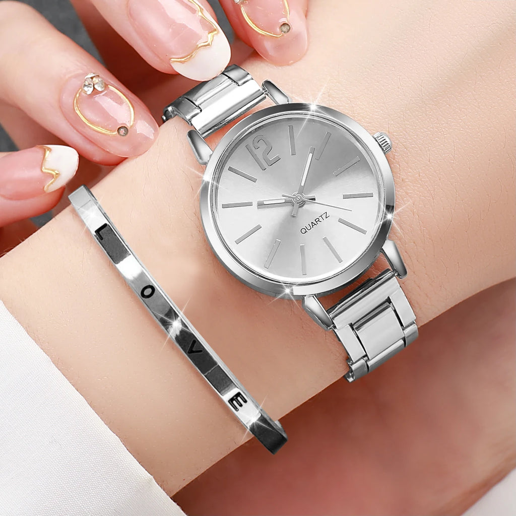 Mode Frauen Elegante Uhr Lässige Einfache Stahlarmband Quarzuhr Liebe Armband 2er Set Temperamentvoller Tragestil