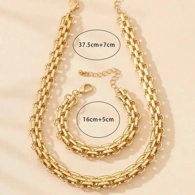 2-teiliges Set Goldfarbene Gliederkette Halskette Armband Set Punk Armband Große Gliederkette Dubai Afrika Party Schmuckset Geschenk für Frauen