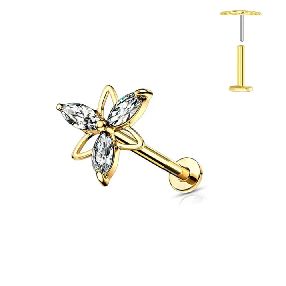 G23 Flores de titanio Labret de empuje 16G 18G 20G Piercing de mariposa para labios sin rosca con forma de gota de agua, arete para tragus, joyería corporal