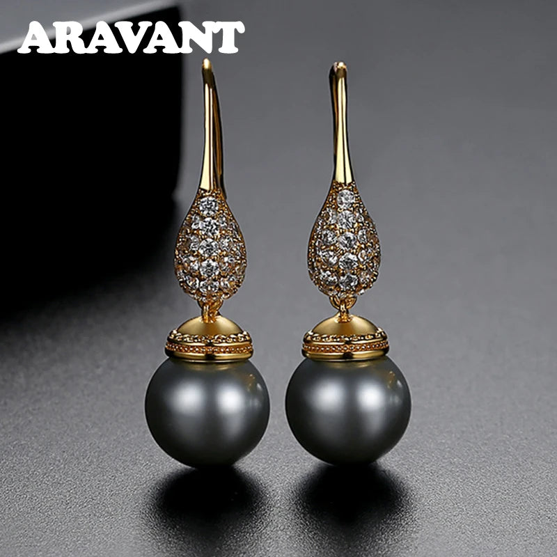 Pendientes Aravant de plata 925 y oro de 18 quilates con gota de agua y perla negra para mujer, joyería de moda