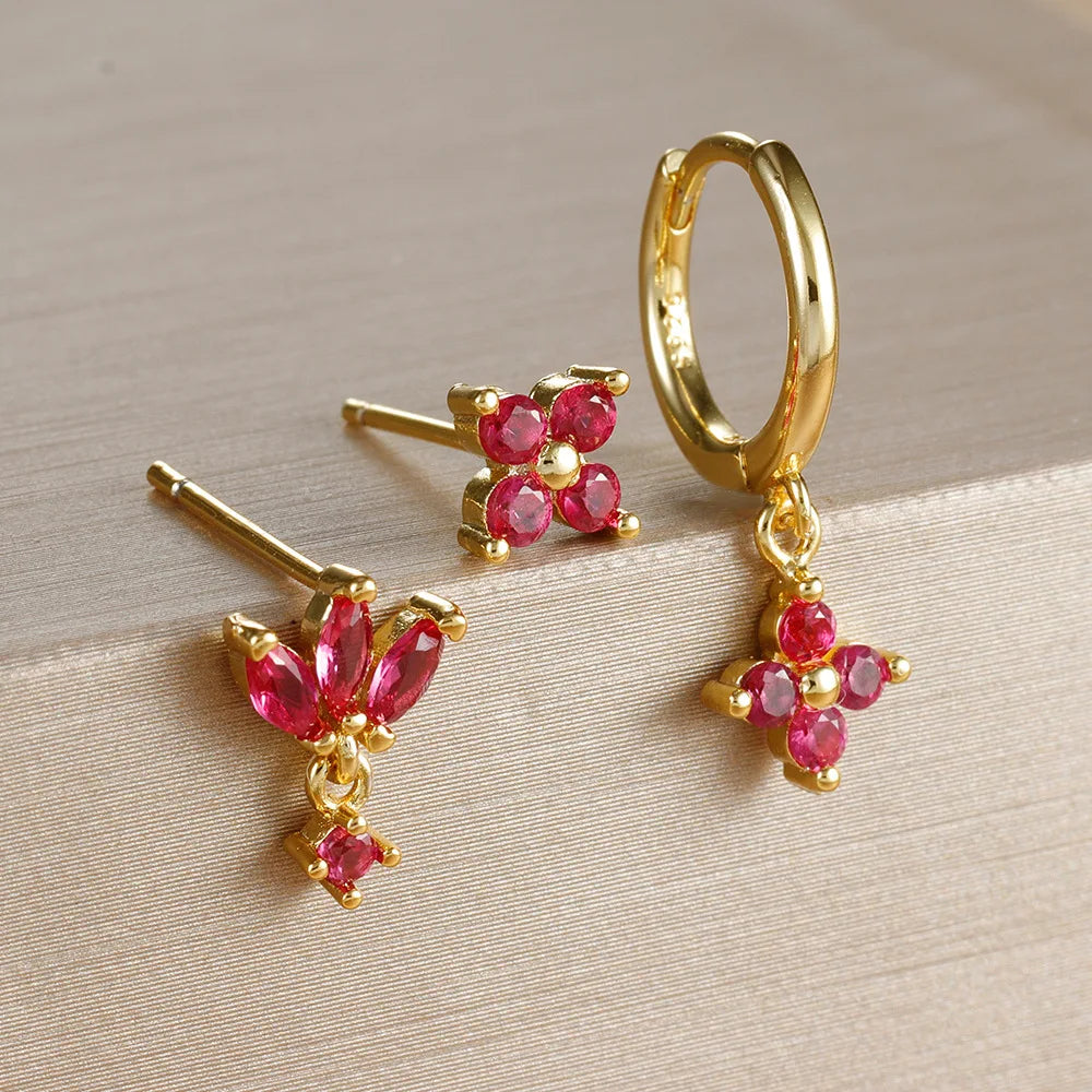 3 Paar modische orange-blaue Zirkon-Hängeohrringe für Damen, Edelstahl-Blumen-Baumelohrringe, Piercing-Schmuckset
