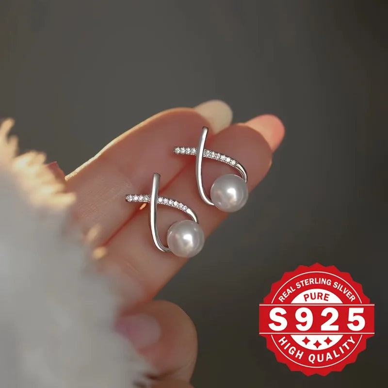 S925 Silber, Damen Kreuz-Schwanz Muschel-Perlenohrringe, mit synthetischem Zirkon besetzt, elegant und alltagstauglich
