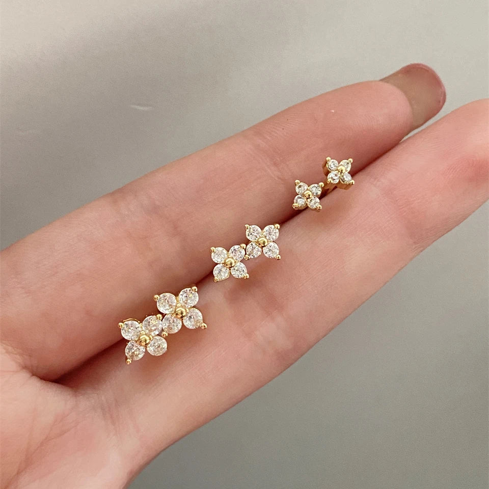 Yupsk Dainty Flower Stainless Steel Butterfly Stud Earrings for Women Cartilage Ear Ring Cute Zircon Gold Color Clover Jewelry