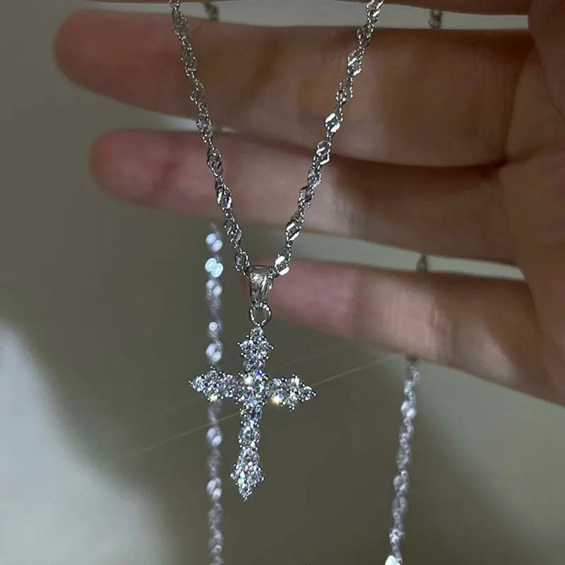 Glänzende Kristall Zirkon Kreuz Anhänger Halskette für Frauen Mädchen Punk Silber Farbe Dünne Kette Halskette Party Schmuck Geburtstagsgeschenk