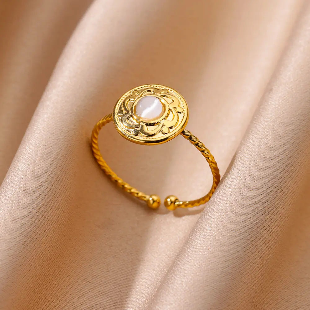 Goldfarbener Edelstahl Muschelringe für Frauen Vintage Oval Blauer Stein Verstellbarer Ring Mode Party Schmuck Jubiläumsgeschenk
