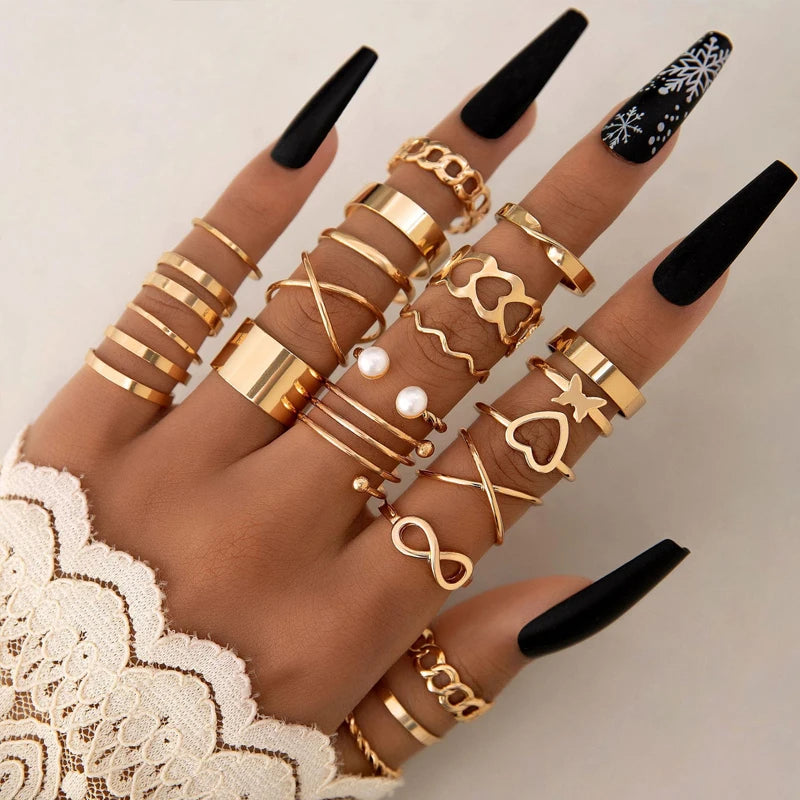 Vintage Elegantes 66-teiliges Modeschmuckring-Set Goldfarben Perle Geometrische Ringe Design für Damen Alltag Party Schmuck Geschenke 2024