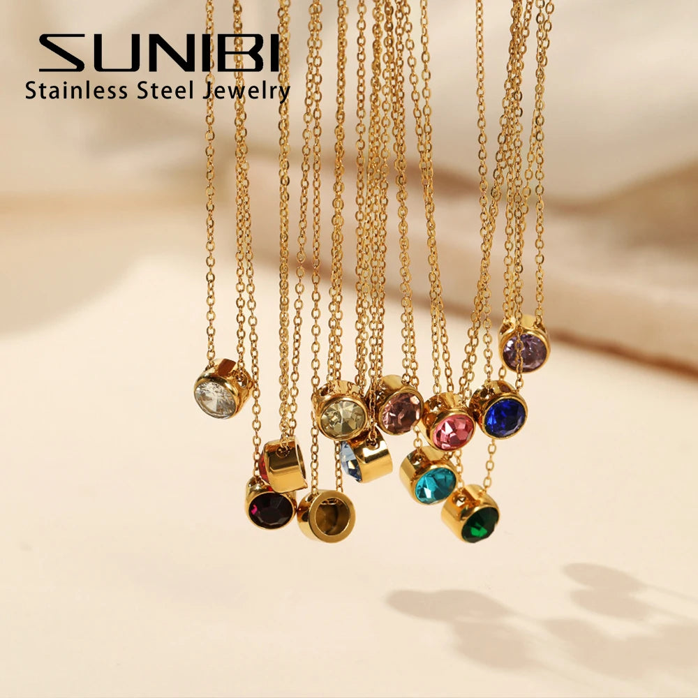 SUNIBI Edelstahl Geburtsstein-Halskette für Damen, goldfarben, Brautschmuck, Designer-Anhänger, Halsketten, Geburtstagsgeschenk, Großhandel