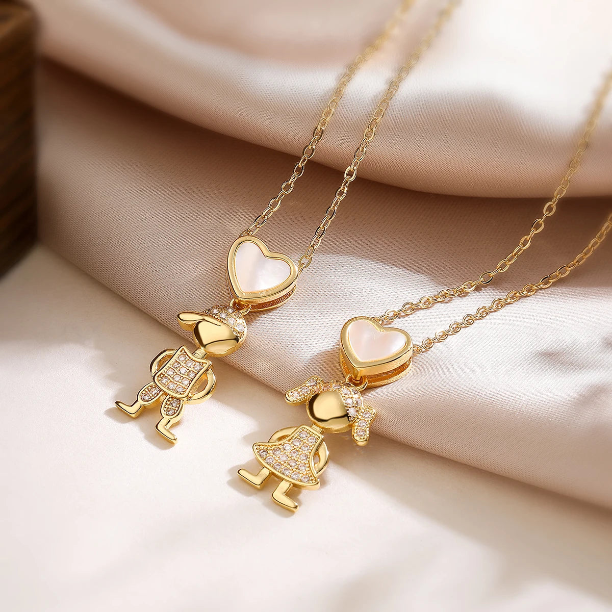 NEWBUY Delicae Gold Color Heart Boy & Girl Pendant Necklaces For Women Shiny CZ Inlay Jewelry Mother's Day Gift
