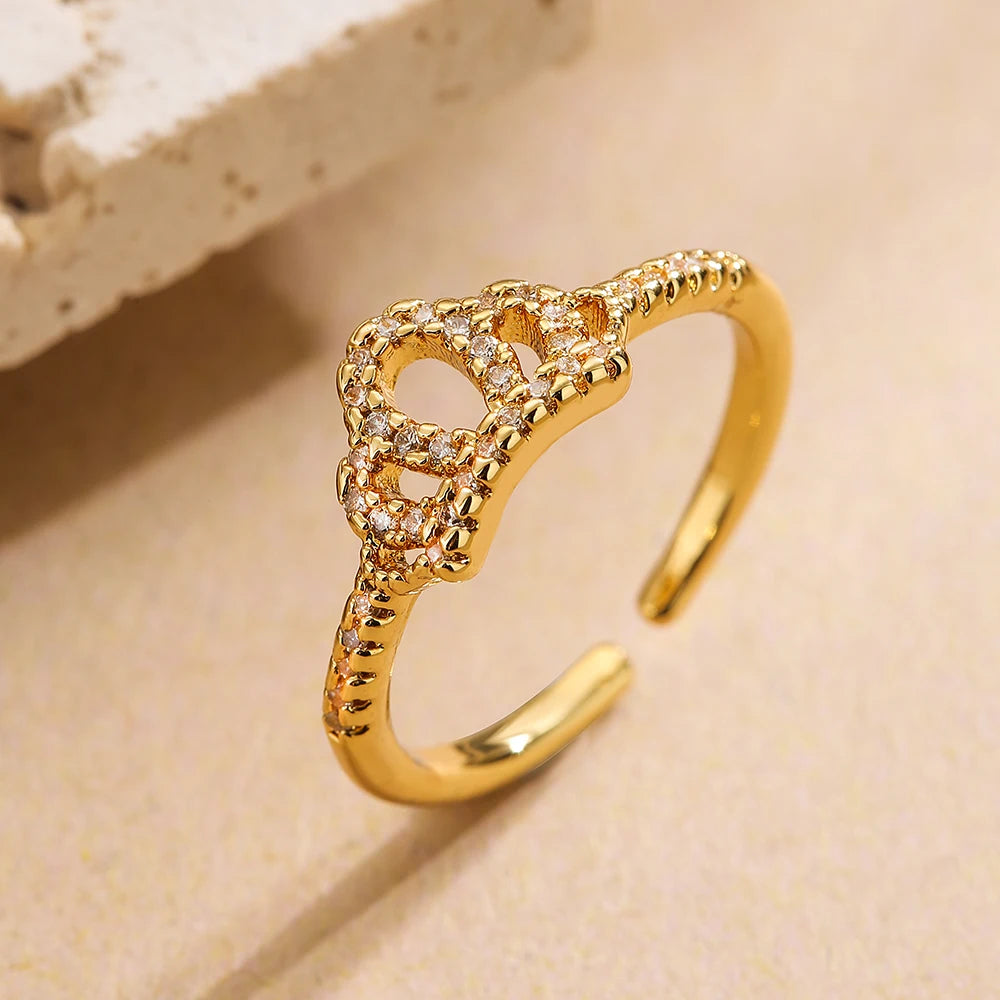 NEWBUY 2025 Trendige goldfarbene Kronen-Anhänger-Fingerringe, offenes Design, verstellbar, glänzende Zirkonia-Hochzeits-Schmuck für Damen