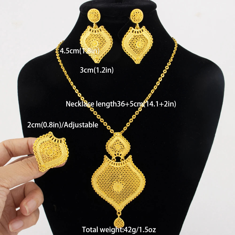 24 Karat goldfarbenes Party-Halskette-Ohrringe-Ringe-Set, luxuriöse Goldschmuck-Sets für Damen, Hochzeitsfeier-Accessoires