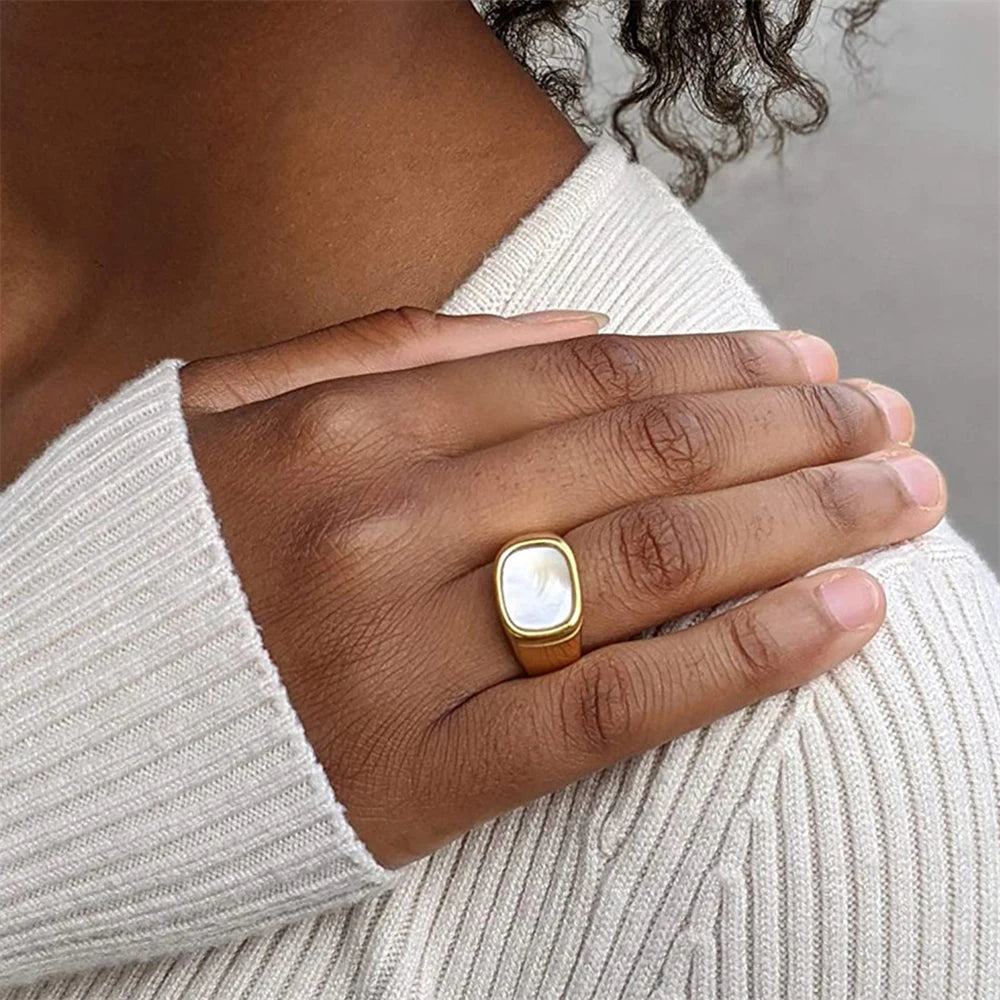 SUNIBI Anillo Cuadrado Vintage de Concha para Mujer, de Acero Inoxidable Color Oro Blanco, Anillo Grueso Grande, Accesorios de Joyería para Fiesta, Regalo de Cena