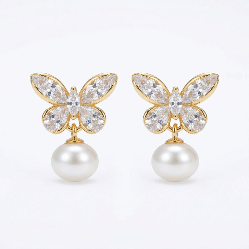 925 Sterling Silver Elegant Crystal Butterfly and Lustrous Pearl Drop Earrings