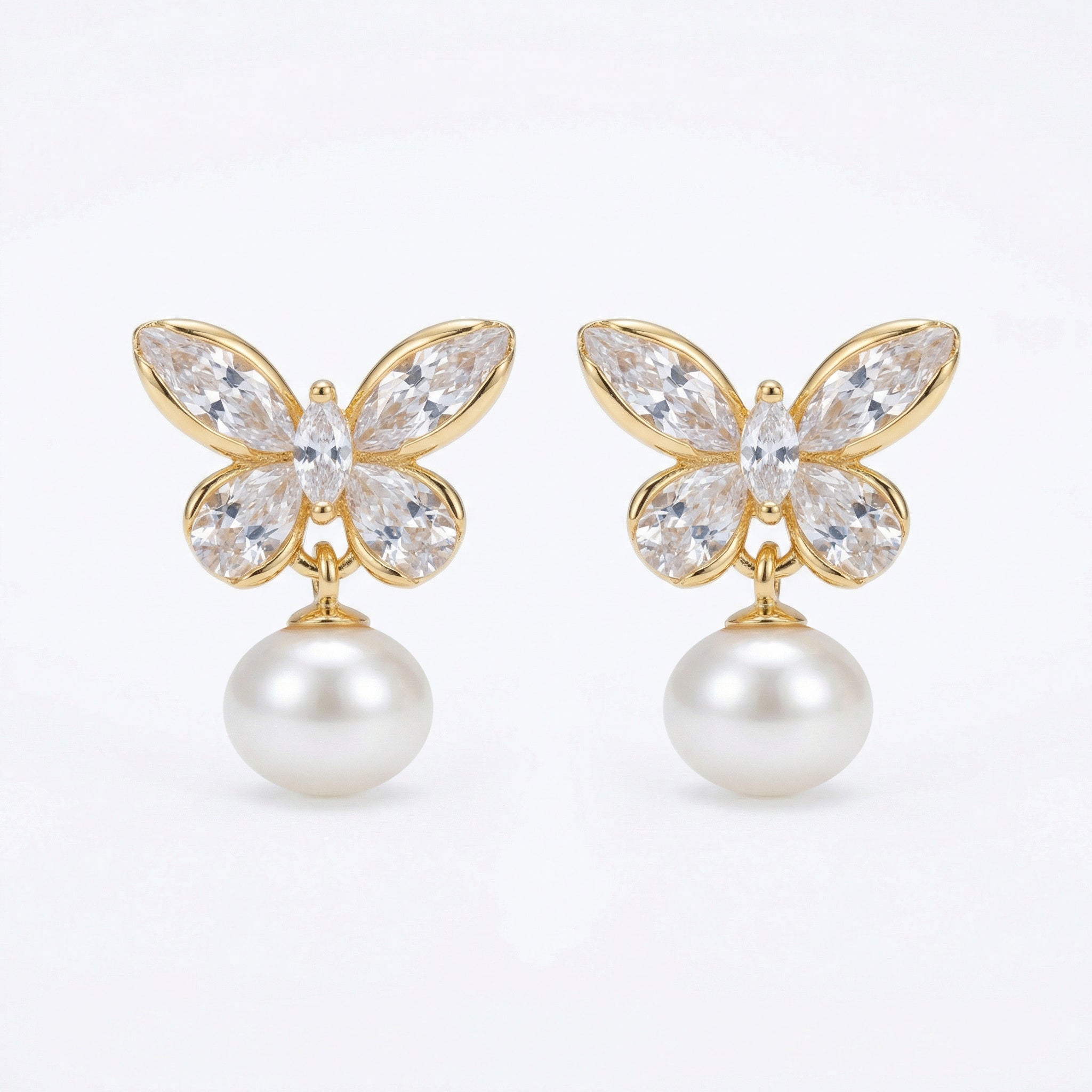 925 Sterling Silver Elegant Crystal Butterfly and Lustrous Pearl Drop Earrings