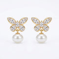 925 Sterling Silver Elegant Crystal Butterfly and Lustrous Pearl Drop Earrings