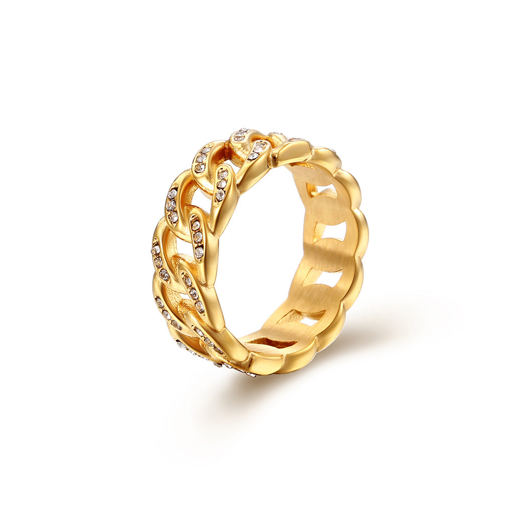 Titanstahl-Kubanische-Glieder-Ring mit Strasssteinen