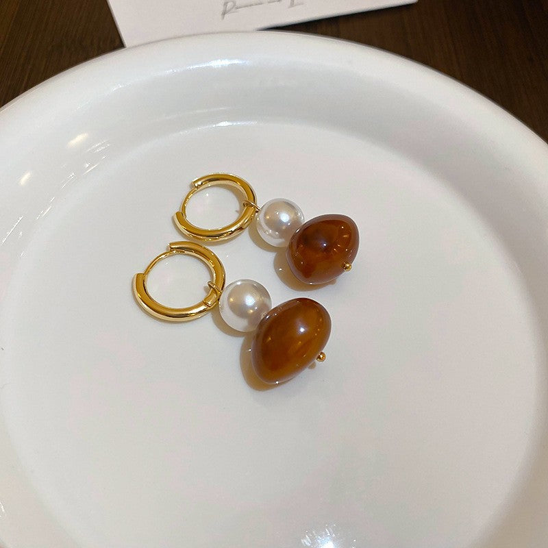 Vintage braune Harz-Ohrstecker, Maillard-Stil, silberne Textur, geometrische Ohrringe, Retro-Luxus-Modeschmuck für Frauen, Geschenk für sie