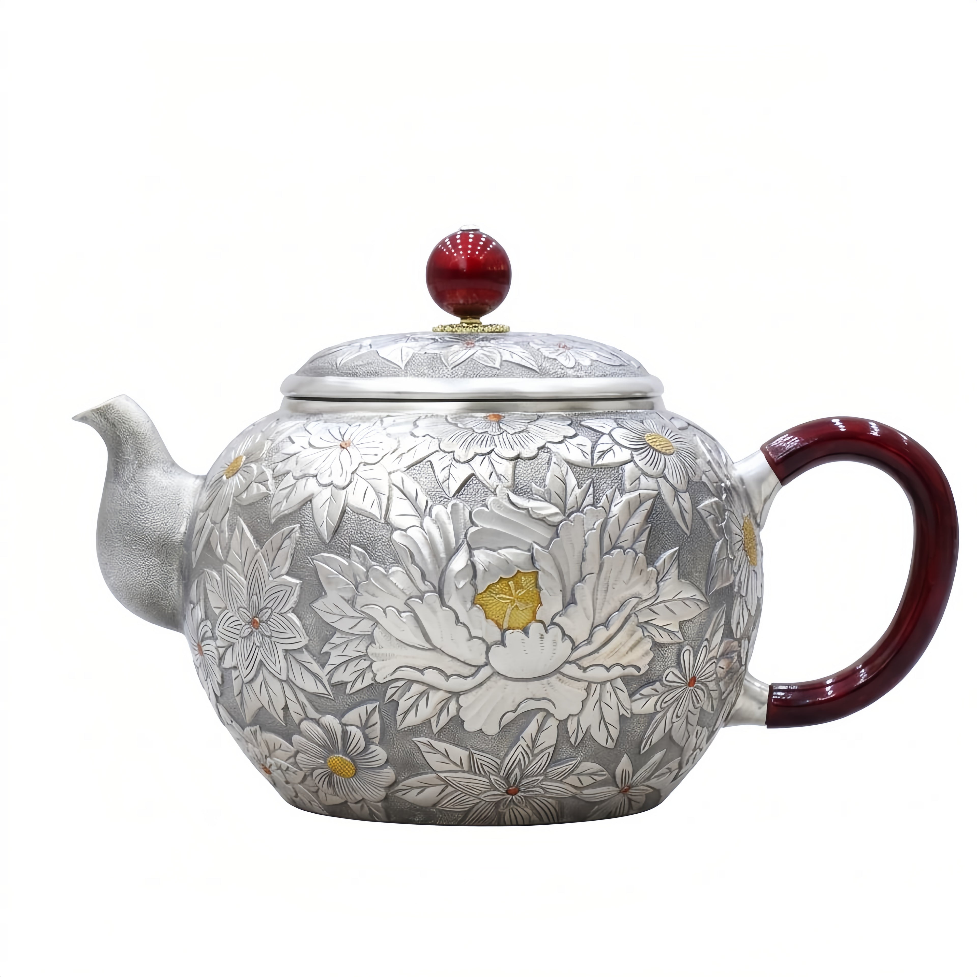 925 Sterling Silver Artisan Handcrafted Silver Teapot with Elegant Peony Engravings and Red Crimson Accents - Handicraft