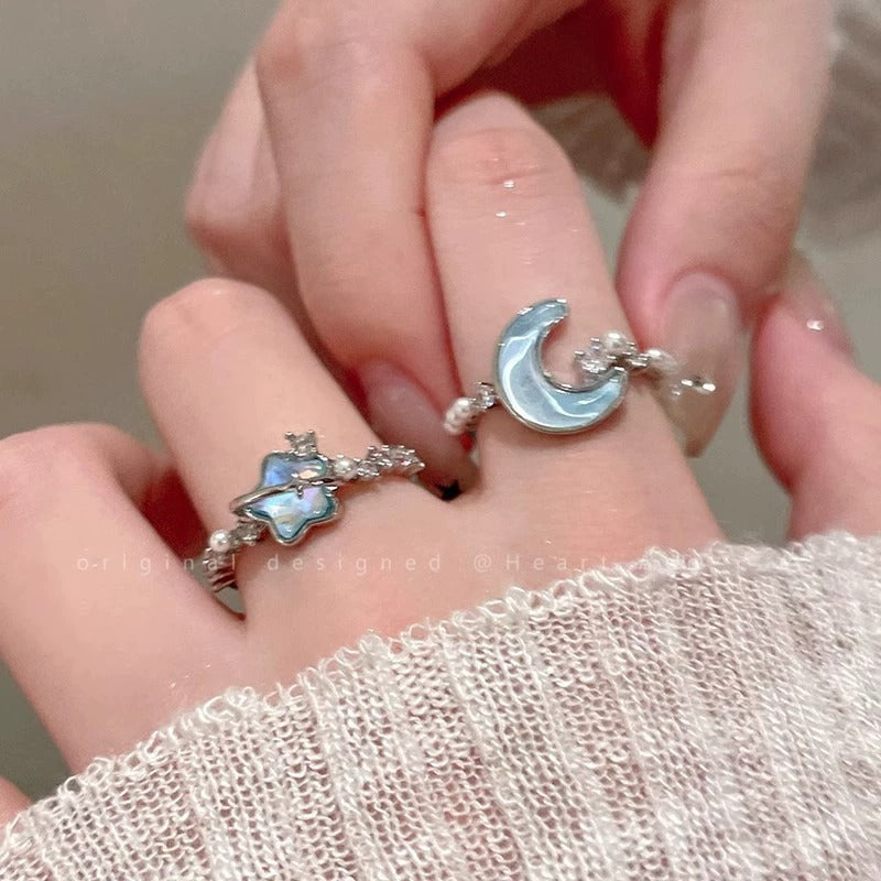 Glacier Blue Star Moon Open Ring For Women, Light Luxury Minimalist High Grade Index Finger Ring