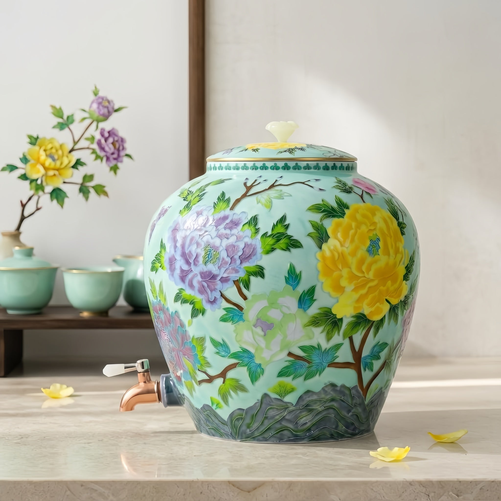 Pure 999 Fine Silver Elegant Floral Porcelain Water Dispenser with Decorative Lid and Metallic Tap - Handicraft