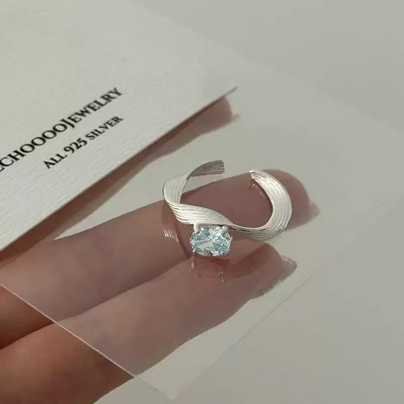 Blue Zircon Twisted Geometric Wave Open Ring, Minimalist Textured Statement Ring For Women