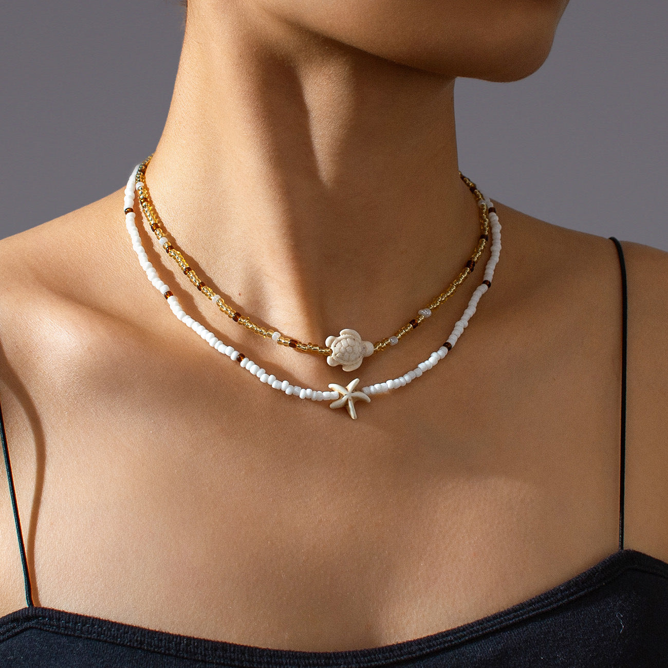 Cross-border Fashion Ocean-Style Turquoise Starfish Turtle Seed Bead Necklace