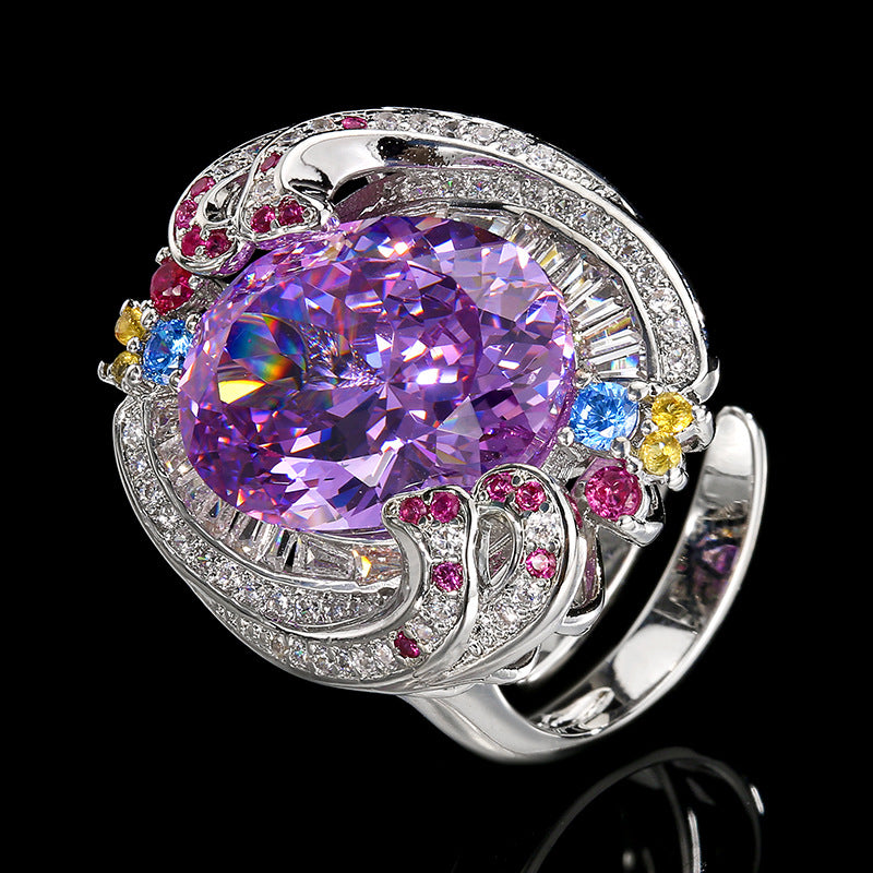 Exquisiter Ring aus Amethyst mit lila Wirbelmuster, Regenbogen-Edelstein-Cocktailring für Damen