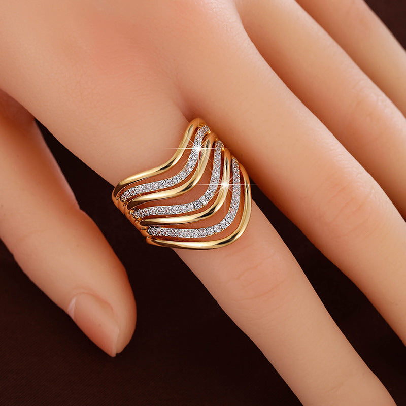 Multi-layer Curved Micro-pave Cubic Zirconia Ring Fashionable Andive Design Perfect For Stacking