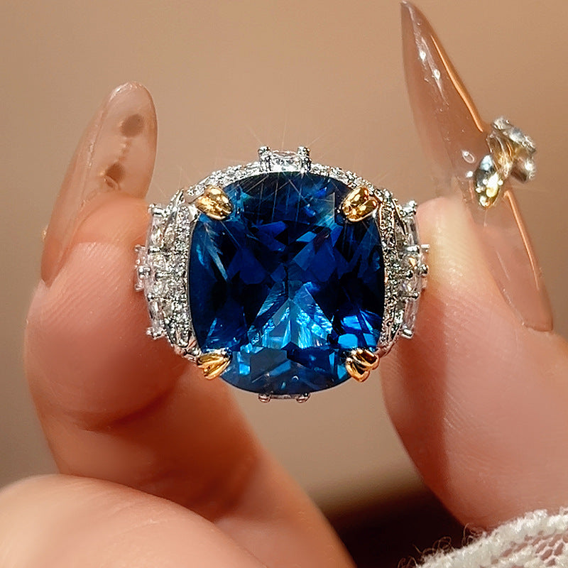 Neuer Zirkonring 2026 für Damen, rechteckiger simulierter Saphir & Paraiba-Turmalin, hochwertiger Luxusschmuck