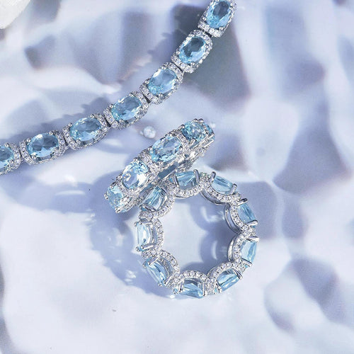 Pulsera de tenis de aguamarina ovalada con halo, pulsera de gemas azules de lujo para mujer