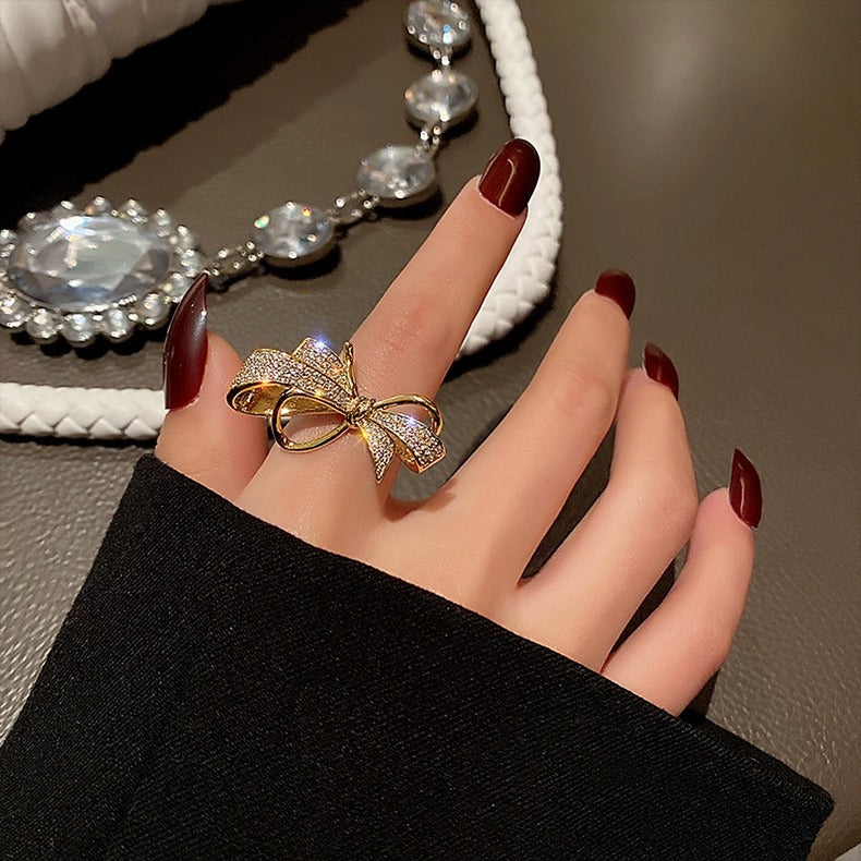 Exquisiter Schleifenring für Damen, Nischen-Leuchtluxus, modischer & einzigartiger INS-Stil, filigraner offener Zeigefingerring