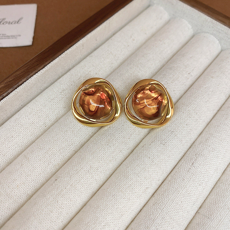 Maillard-Stil Vintage Runde Ohrringe für Frauen, Unregelmäßige Silber Textur Braune Harz Ohrstecker, Retro Luxus Geometrischer Ohrschmuck für den täglichen Weg zur Arbeit und Party