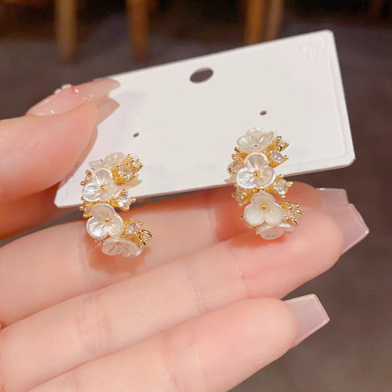 Fresh And Chic C Shaped Earrings With Diamond Encrusted Flowers For Women