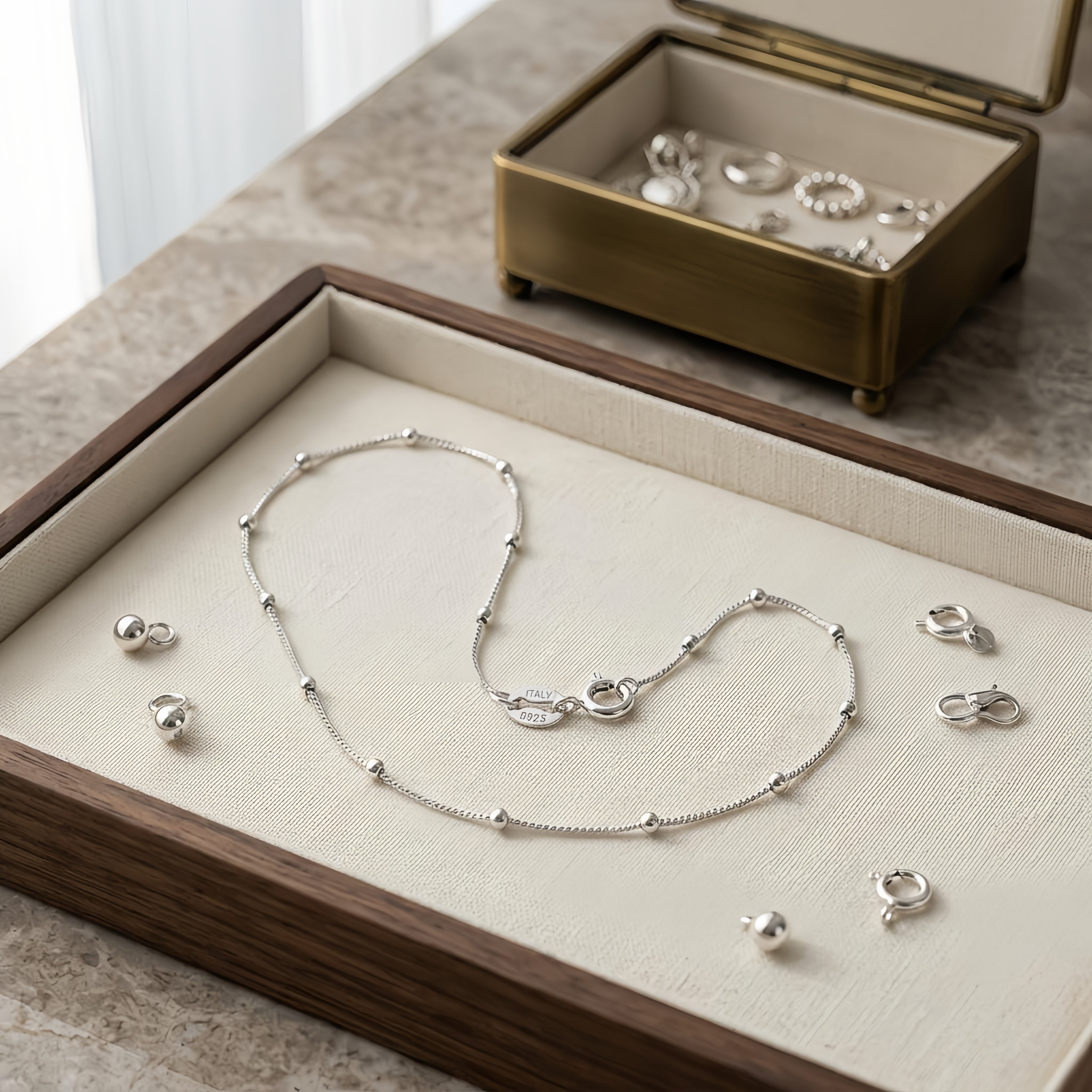 925 Sterling Silver Italian-Made 14K White Gold Bead-Accented Chain Necklace